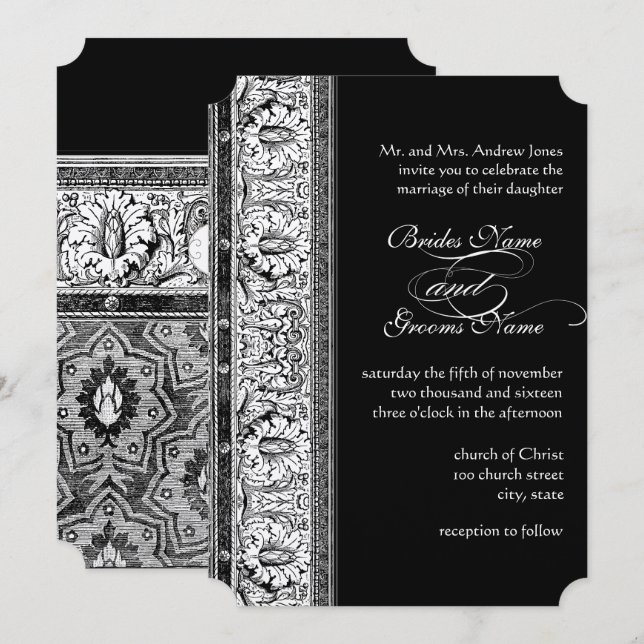 Invitation Cartons d'invitation de mariage en damas noir Deco (Devant / Derrière)