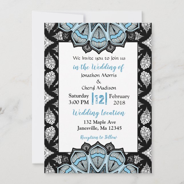 Invitation Cartons d'invitation de mariage Mandala Bleu, Noir (Devant)