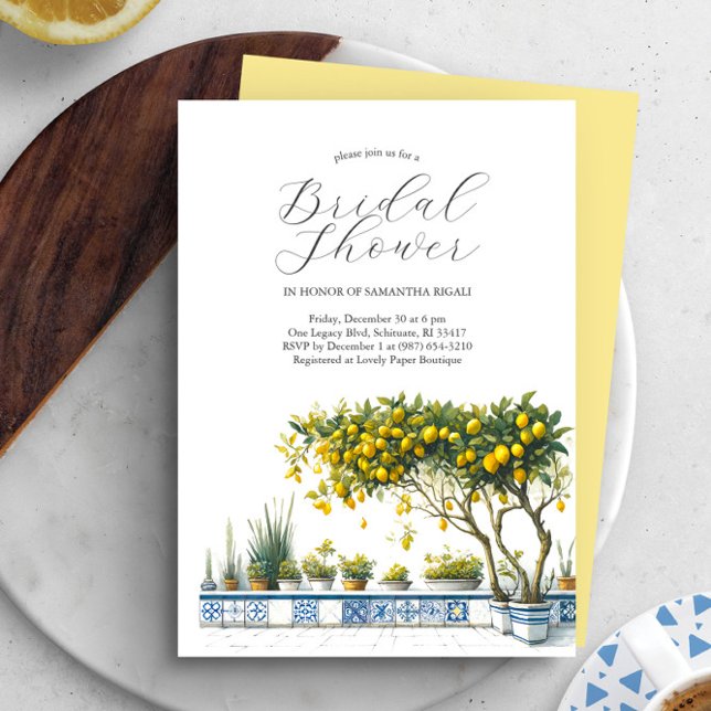 Invitation Cartons d'invitation de mariage personnalisés au c (Yellow and blue lemon theme watercolor bridal shower invitations Victoria Grigaliunas DoTellABelle)