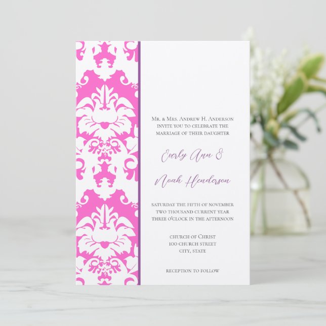 Invitation Cartons d'invitation de mariage prune et damassé r (Debout devant)