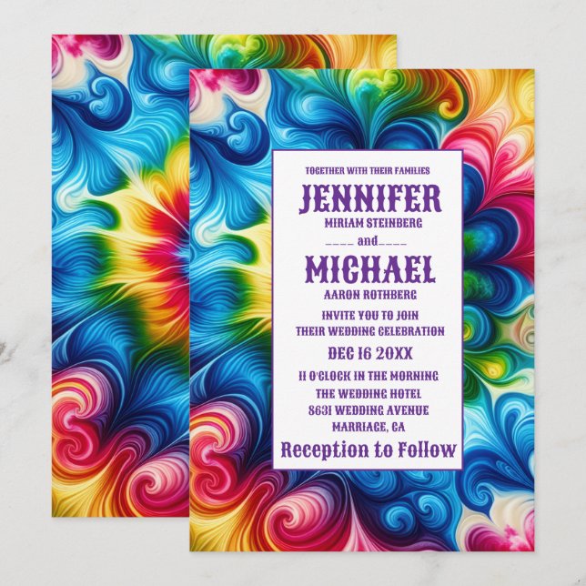 Invitation Cartons d'invitation de mariage tie dye psychédéli (Devant / Derrière)