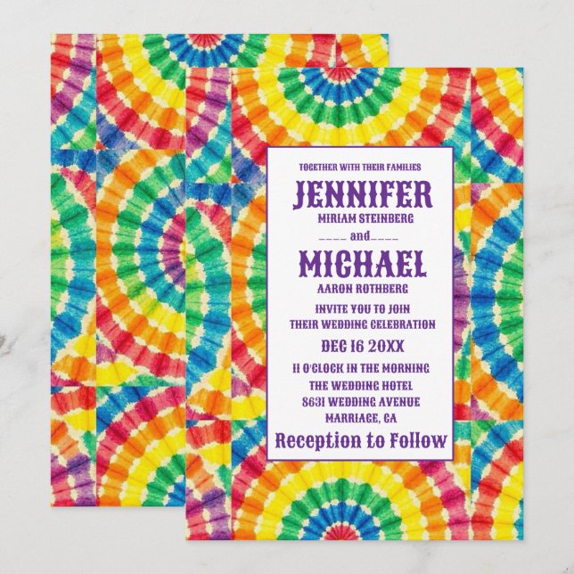 Invitation Cartons d'invitation de mariage tie dye psychédéli (Devant / Derrière)