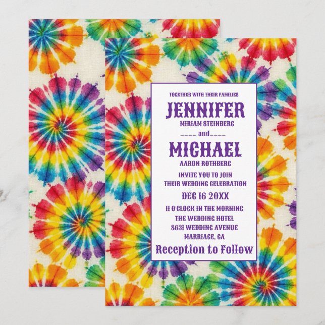 Invitation Cartons d'invitation de mariage tie dye psychédéli (Devant / Derrière)