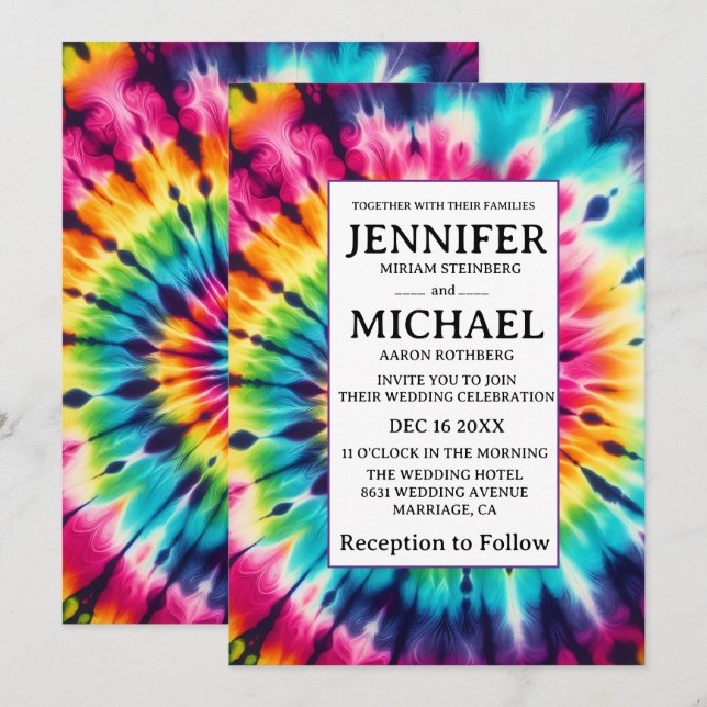 Invitation Cartons d'invitation de mariage tie-dye psychédéli (Devant / Derrière)