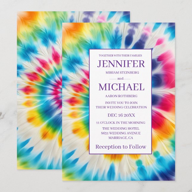 Invitation Cartons d'invitation de mariage tie dye psychédéli (Devant / Derrière)