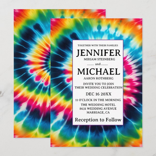 Invitation Cartons d'invitation de mariage tie dye psychédéli (Devant / Derrière)