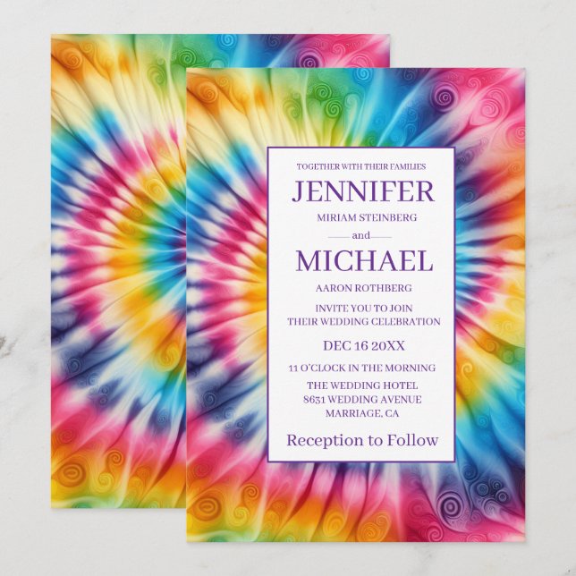 Invitation Cartons d'invitation de mariage tie dye psychédéli (Devant / Derrière)