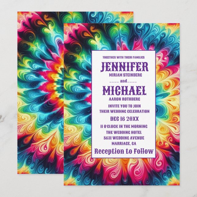 Invitation Cartons d'invitation de mariage tie dye psychédéli (Devant / Derrière)