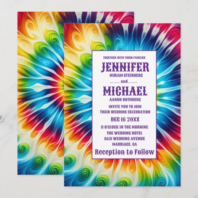 Invitation Cartons d'invitation de mariage tie dye psychédéli (Devant / Derrière)