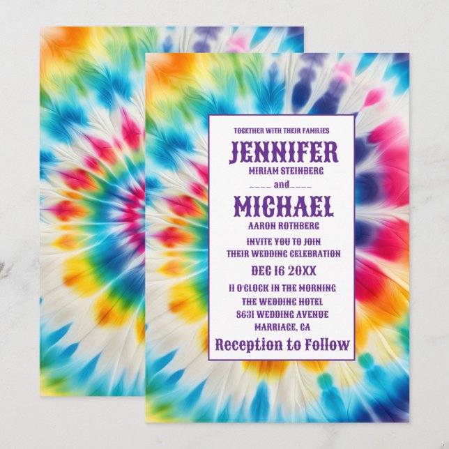 Invitation Cartons d'invitation de mariage tie dye psychédéli (Devant / Derrière)