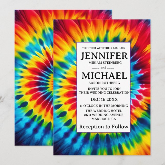 Invitation Cartons d'invitation de mariage tie dye psychédéli (Devant / Derrière)
