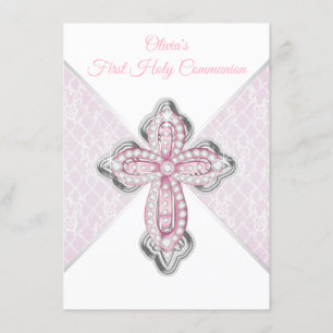 Invitation Cartons d'invitation de première communion rose ar