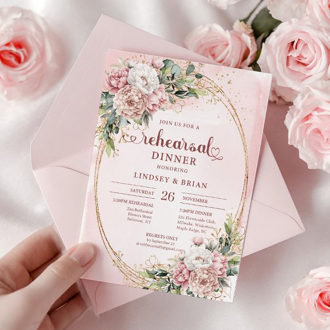 Invitation Cartons d'invitation de répétition floraux rose go (Chic Watercolor Rose Gold Floral Rehearsal Invitation)