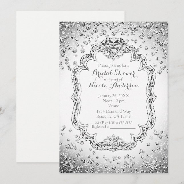 Invitation Cartons d'invitation Diamant Blanc Argent Platine (Devant / Derrière)