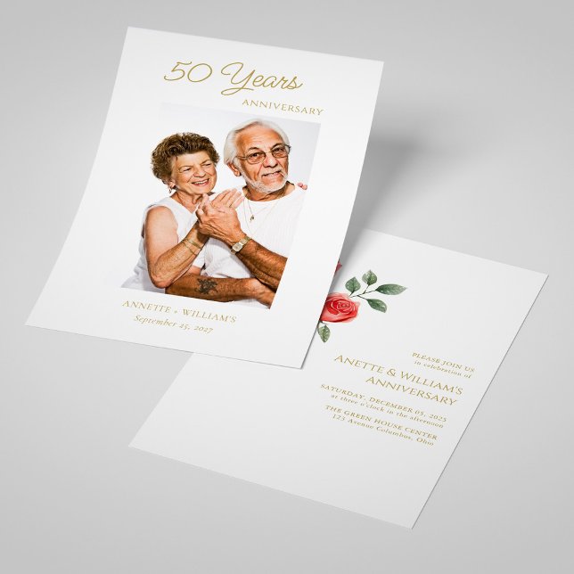 Invitation Cartons d'invitation dorés pour 50e anniversaire a (Personalized Golden 50th Anniversary Invitations with Rose)