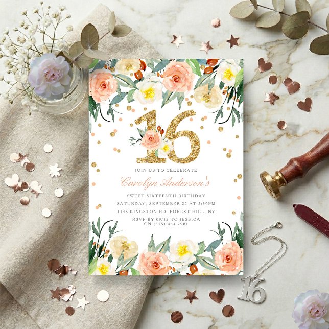Invitation Cartons d'invitation élégants floraux pour les 16  (Créateur téléchargé)