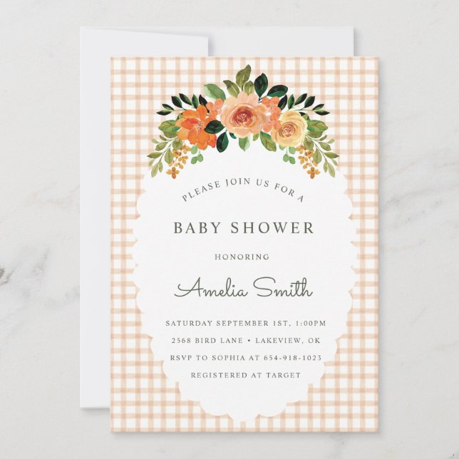 Invitation Cartons d'invitation Floral Gingham Latte 014 pour (Devant)