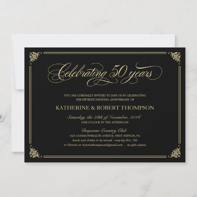 Invitation Cartons d'invitation formels noirs et or pour les  (Devant)