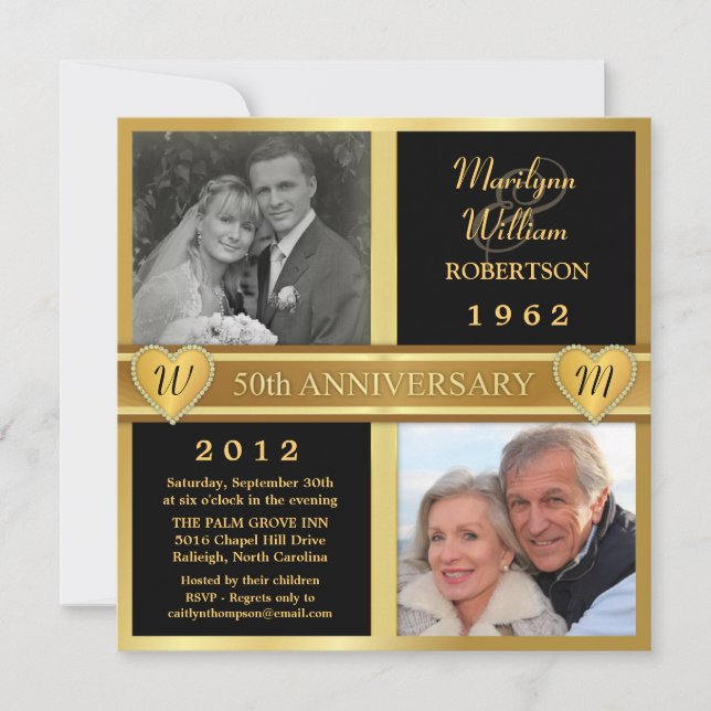 Invitation Cartons d'invitation photo avec coeurs pour 50e an (Devant)