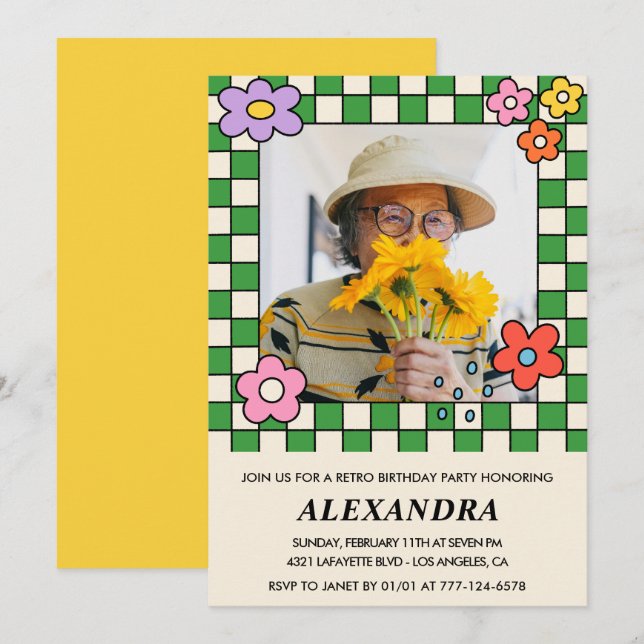 Invitation Cartons d'invitation pour 100 ans Fleurs rétro fun (Devant / Derrière)