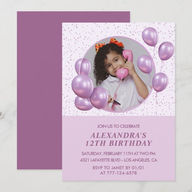 Invitation Cartons d'invitation pour 12 ans Ballons Photo Vio (Devant / Derrière)