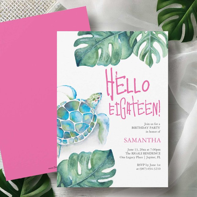 Invitation Cartons d'invitation pour 18 ans avec Tortue de Me (18th birthday party invitations watercolor sea turtle & palm leaf Victoria Grigaliunas DoTellABelle)