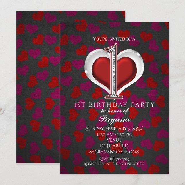 Invitation Cartons d'invitation pour 1er anniversaire Cœurs d (Devant / Derrière)