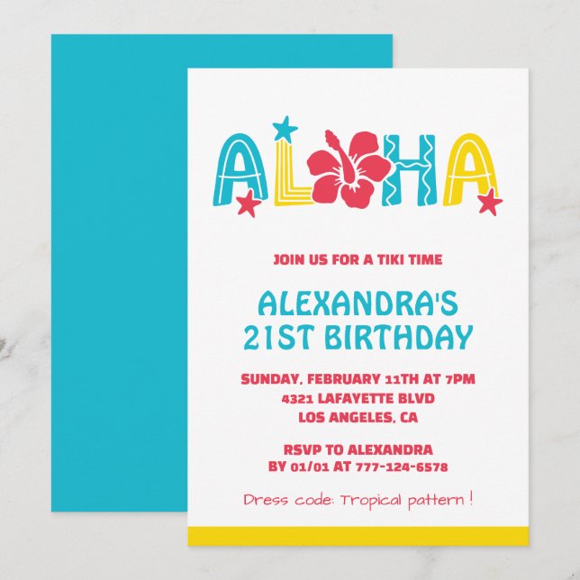 Invitation Cartons d'invitation pour 21 ans Tropical Aloha Ha (Devant / Derrière)