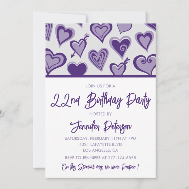 Invitation Cartons d'invitation pour 22 ans Girly Cœurs viole (Devant)