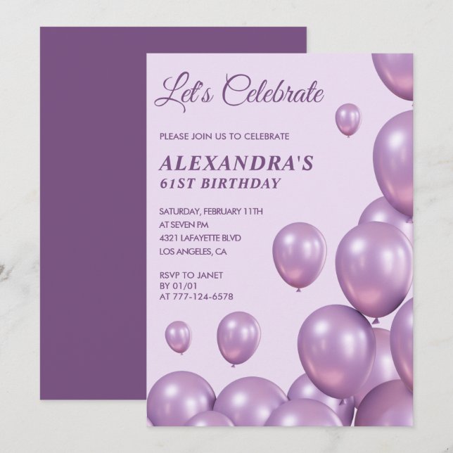 Invitation Cartons d'invitation pour 61e anniversaire Ballons (Devant / Derrière)