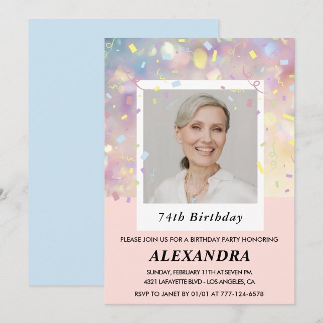 Invitation Cartons d'invitation pour 74 ans avec confettis ro (Devant / Derrière)