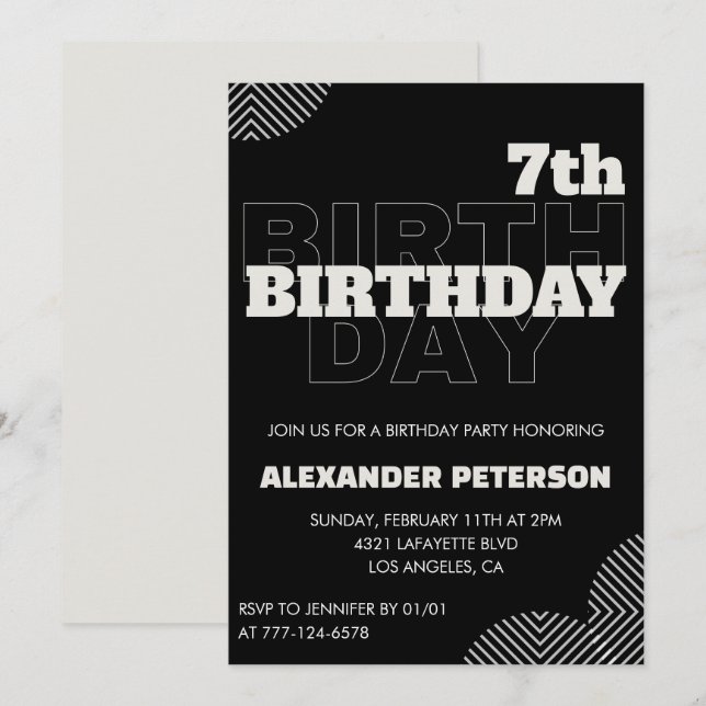 Invitation Cartons d'invitation pour 7 ans garçon fête noir (Devant / Derrière)