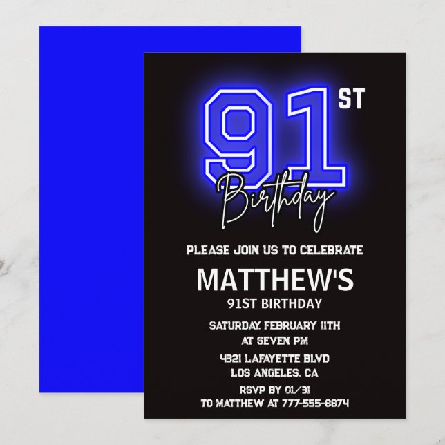 Invitation Cartons d'invitation pour 91 ans Neon Noir Bleu (Devant / Derrière)