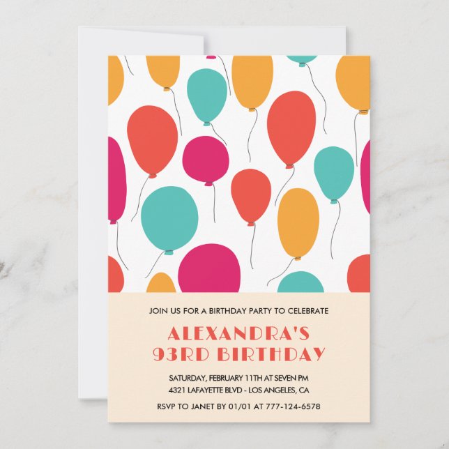Invitation Cartons d'invitation pour 93e anniversaire Ballons (Devant)