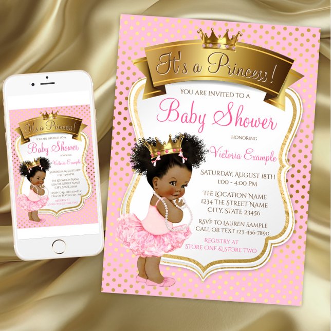Invitation Cartons d'invitation pour Baby Shower de Princesse (African American princess baby shower invitation. Digital download and printed available.)
