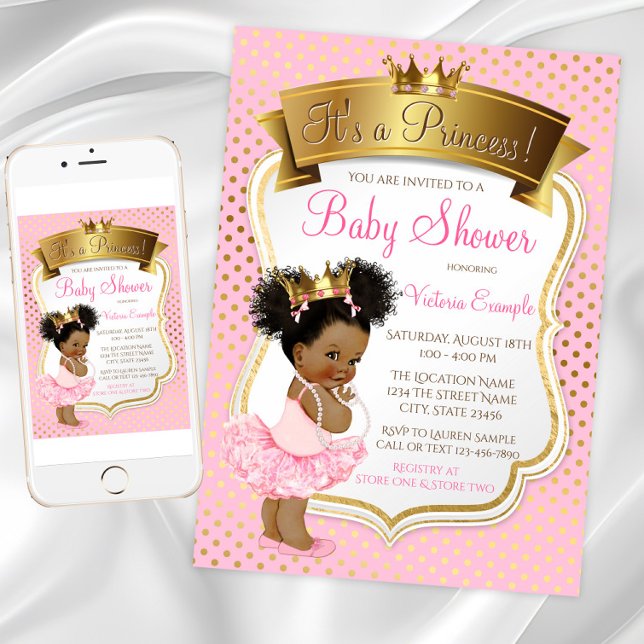 Invitation Cartons d'invitation pour Baby Shower de Princesse (African American princess baby shower invitation. Digital download and printed available.)