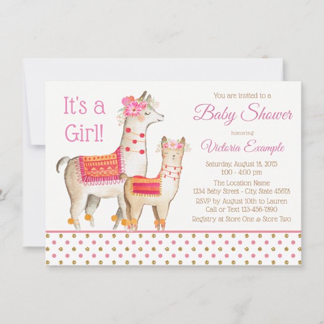 Invitation Cartons d'invitation pour Baby Shower Fille Llama  (Devant)