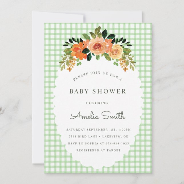 Invitation Cartons d'invitation pour Baby Shower Gingham Vert (Devant)