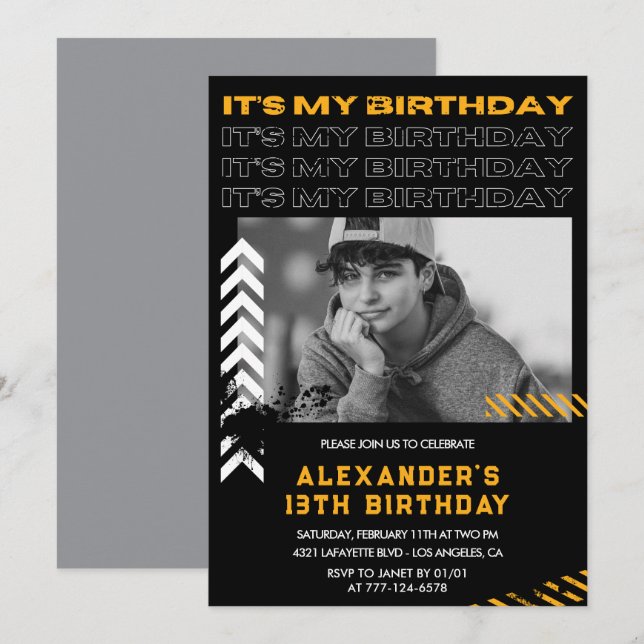 Invitation Cartons d'invitation pour les 13 ans garçon Photo  (Devant / Derrière)