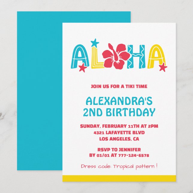 Invitation Cartons d'invitation pour les 2 ans Tropical Aloha (Devant / Derrière)