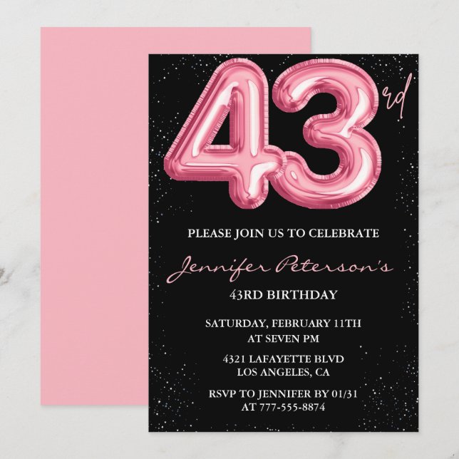 Invitation Cartons d'invitation pour les 43 ans Black Pink Ba (Devant / Derrière)
