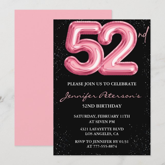 Invitation Cartons d'invitation pour les 52 ans Black Pink Ba (Devant / Derrière)