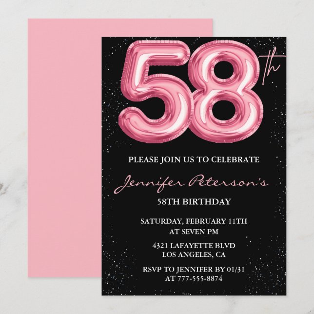 Invitation Cartons d'invitation pour les 58 ans Black Pink Ba (Devant / Derrière)