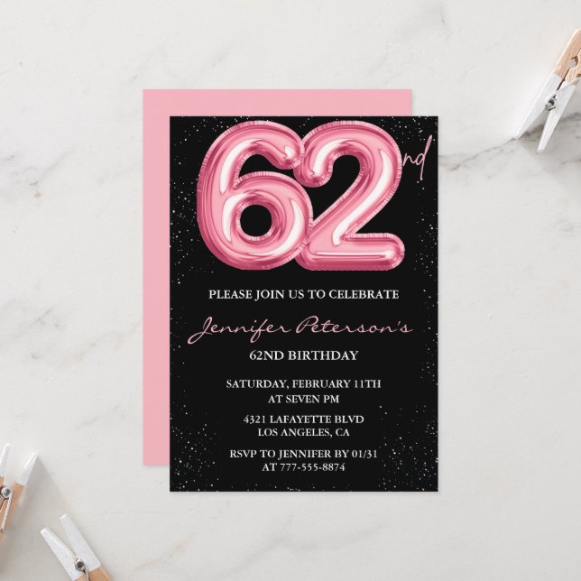 Invitation Cartons d'invitation pour les 62 ans Black Pink Ba (Devant/Arrière en situation)