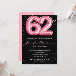 Invitation Cartons d'invitation pour les 62 ans Black Pink Ba