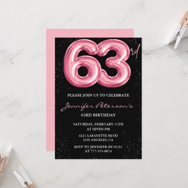 Invitation Cartons d'invitation pour les 63 ans Black Pink Ba (Devant/Arrière en situation)