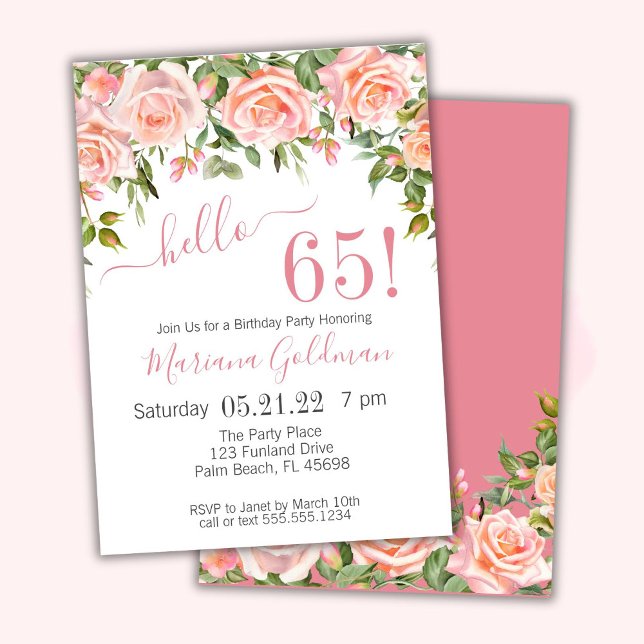 Invitation Cartons d'invitation pour les 65 ans Fleurs roses  (Créateur téléchargé)