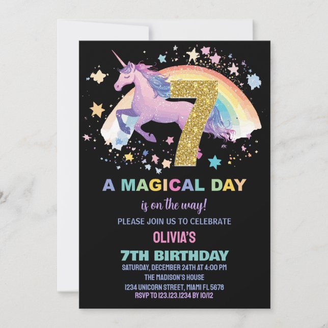 Invitation Cartons d'invitation pour les 7 ans de licorne (Devant)