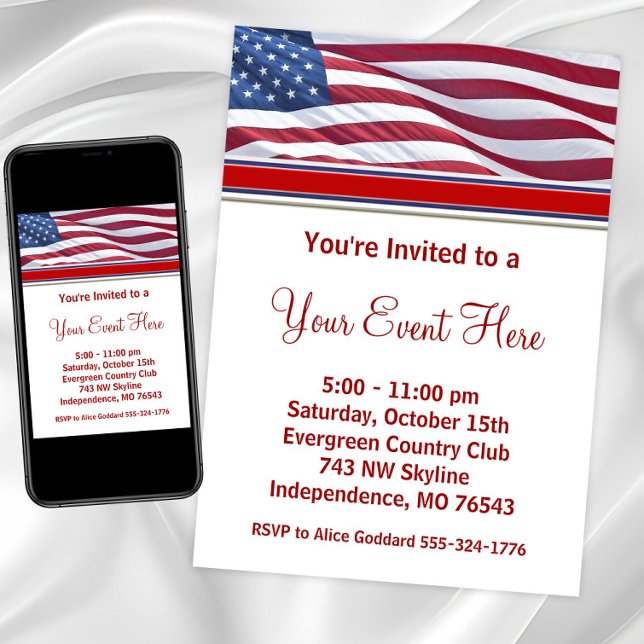 Invitation Cartons d'invitation pour soirée de campagne élect (Patriotic USA flag any occasion invitation. Instant download and printed invitations available.)