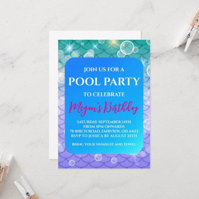 Invitation cartons d'invitation pour une fête à la piscine de (Devant/Arrière en situation)